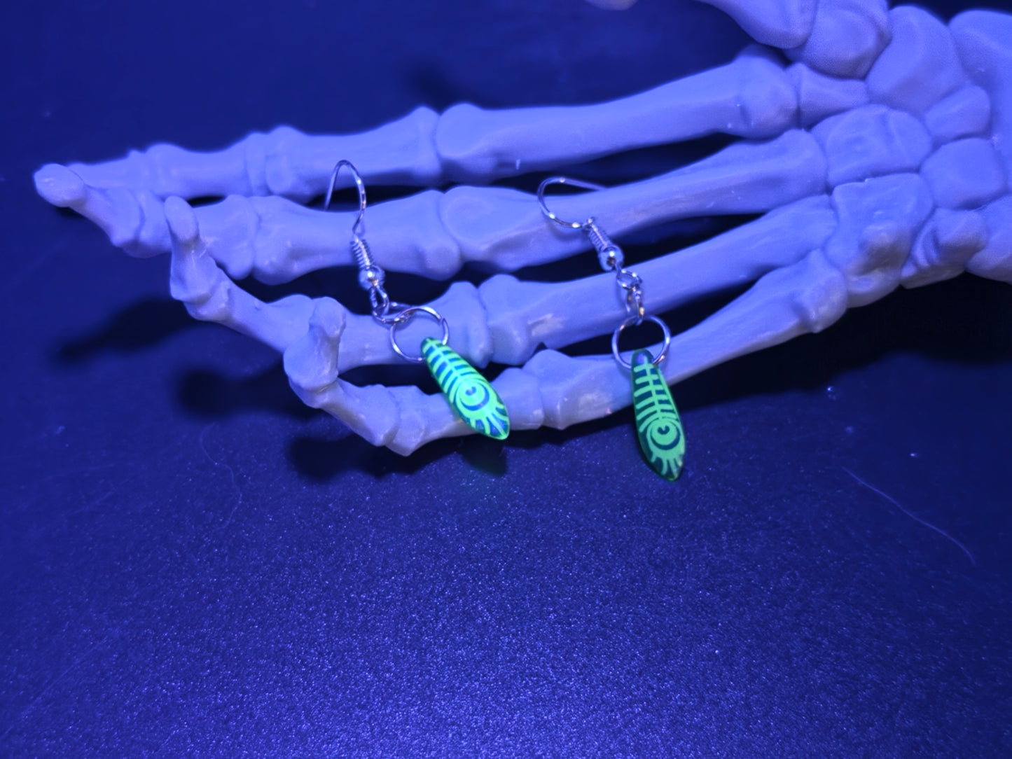 Dainty Uranium Glass Drop Earrings Etched Dark Peacock Feather Drop 10