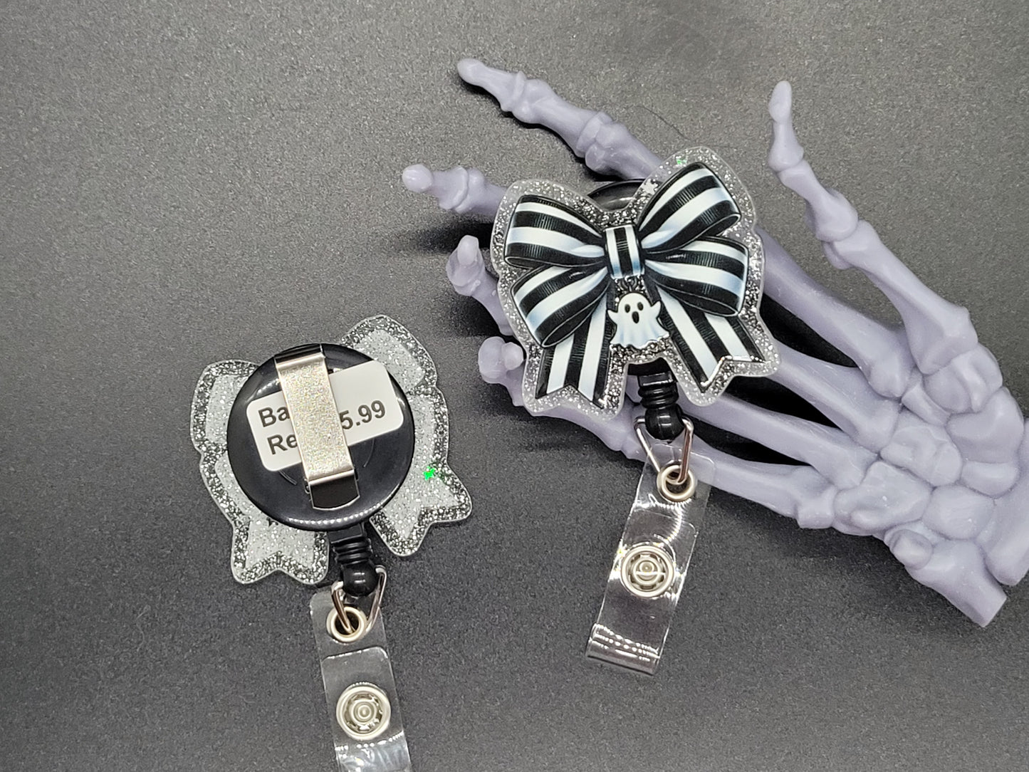 Silver Glitter Acrylic Badge Reel Ghost Bow