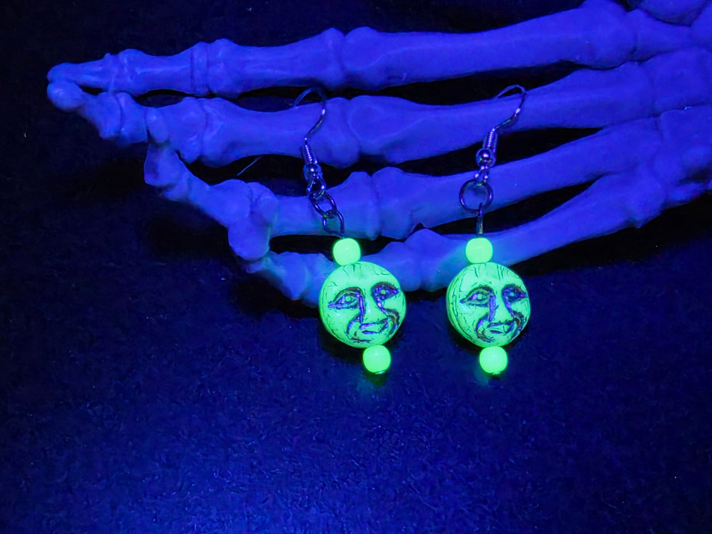 Uranium Glass Dangle Earrings Moon Face