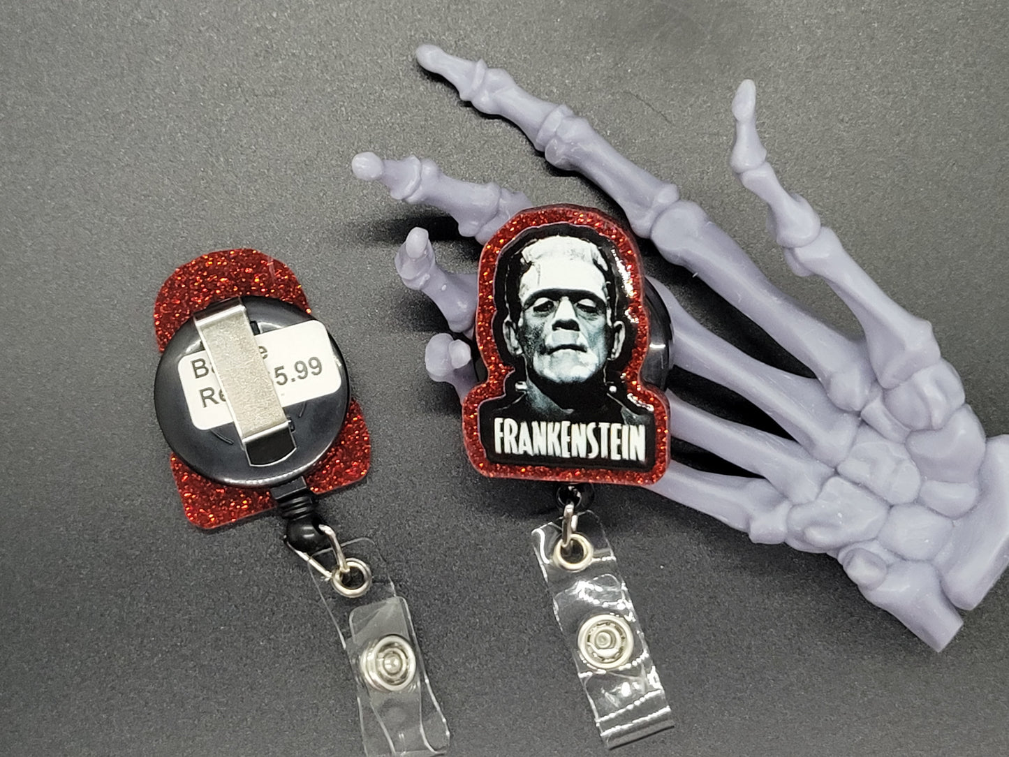 Red Glitter Acrylic Badge Reel Frankenstein
