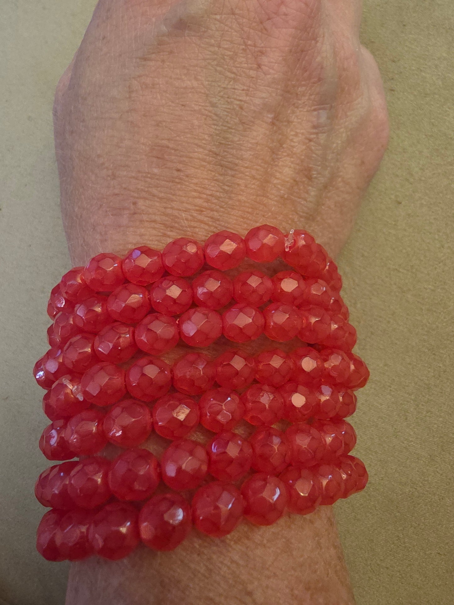 Vintage Czech Glass Stretch Bracelet 8mm Milky Red