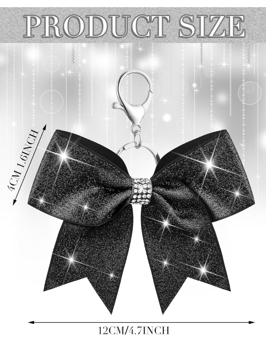 Purse Charm Black Glitter Cheer Bow Style Rhinestone Clip