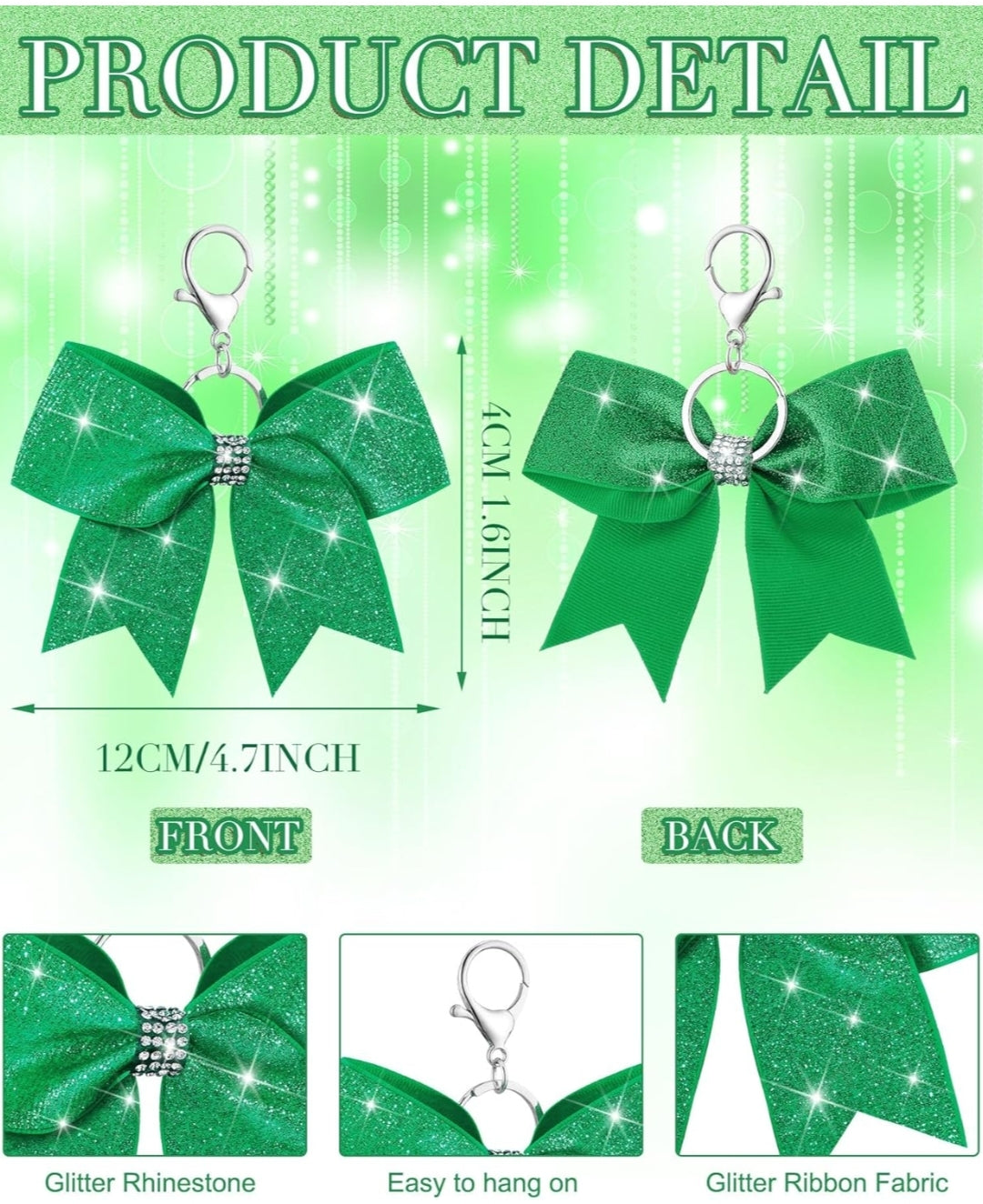 Purse Charm Green Glitter Cheer Bow Style Rhinestone Clip