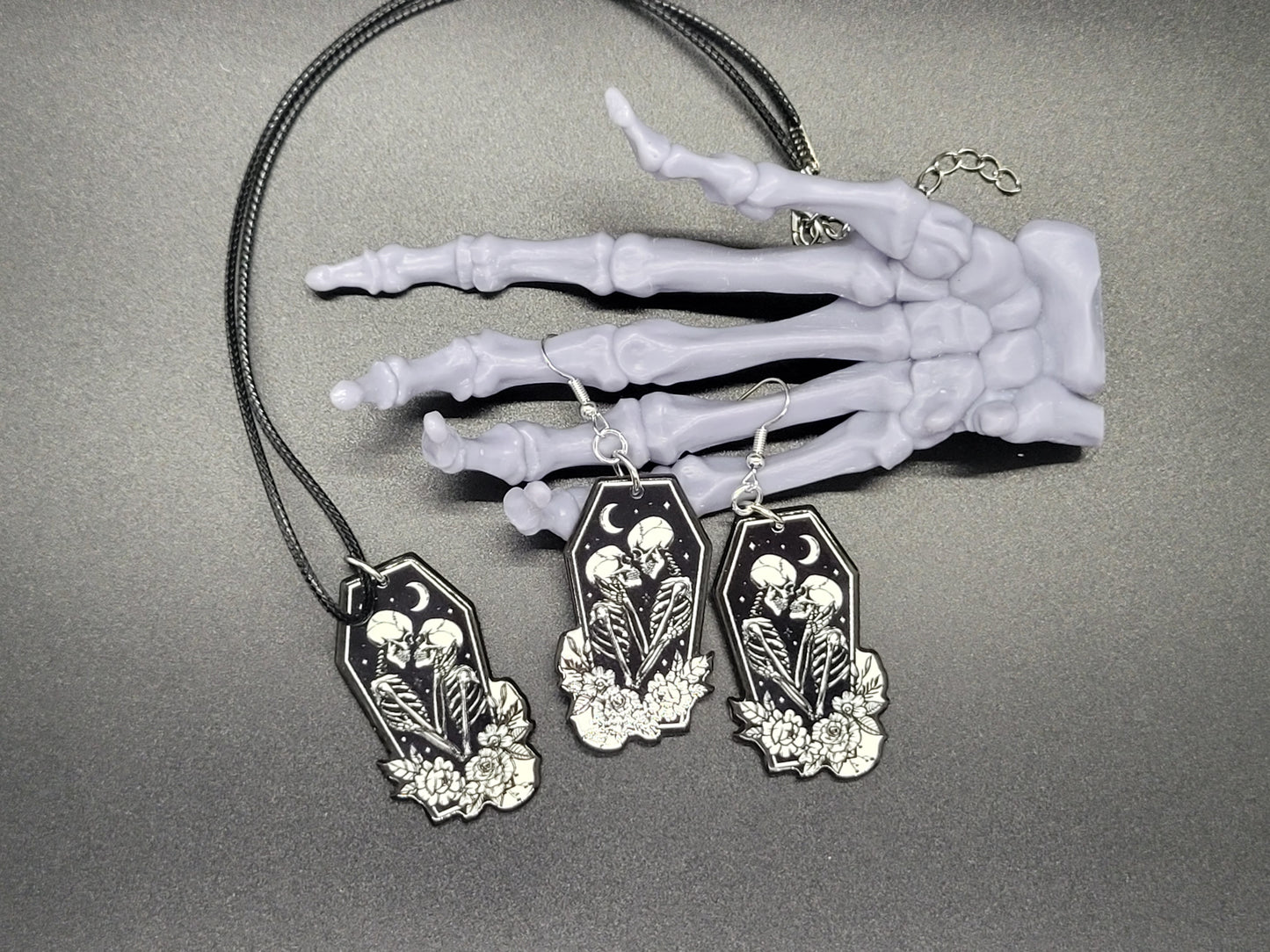 Skeleton Coffin Lovers Resin Earrings Necklace Valloween