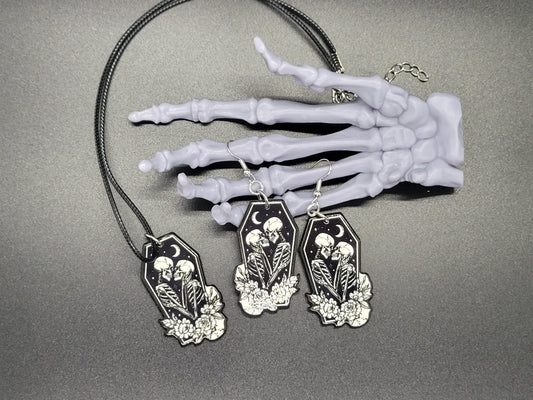 Skeleton Coffin Lovers Resin Earrings Necklace Valloween