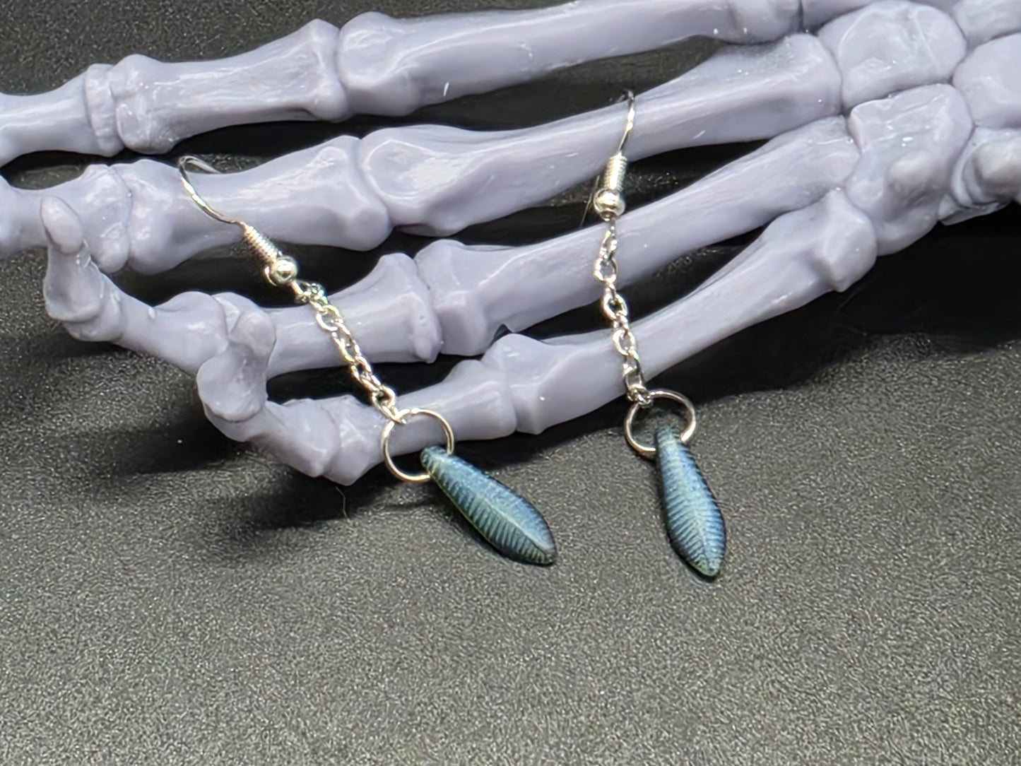 Dainty Uranium Glass Drop Earrings Chain Etched Feather Drop 9