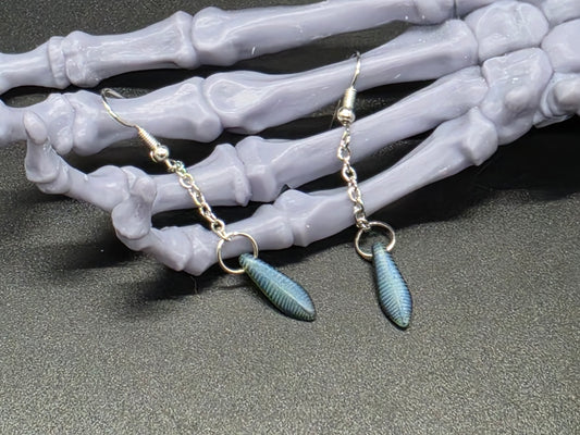 Dainty Uranium Glass Drop Earrings Chain Etched Feather Drop 9