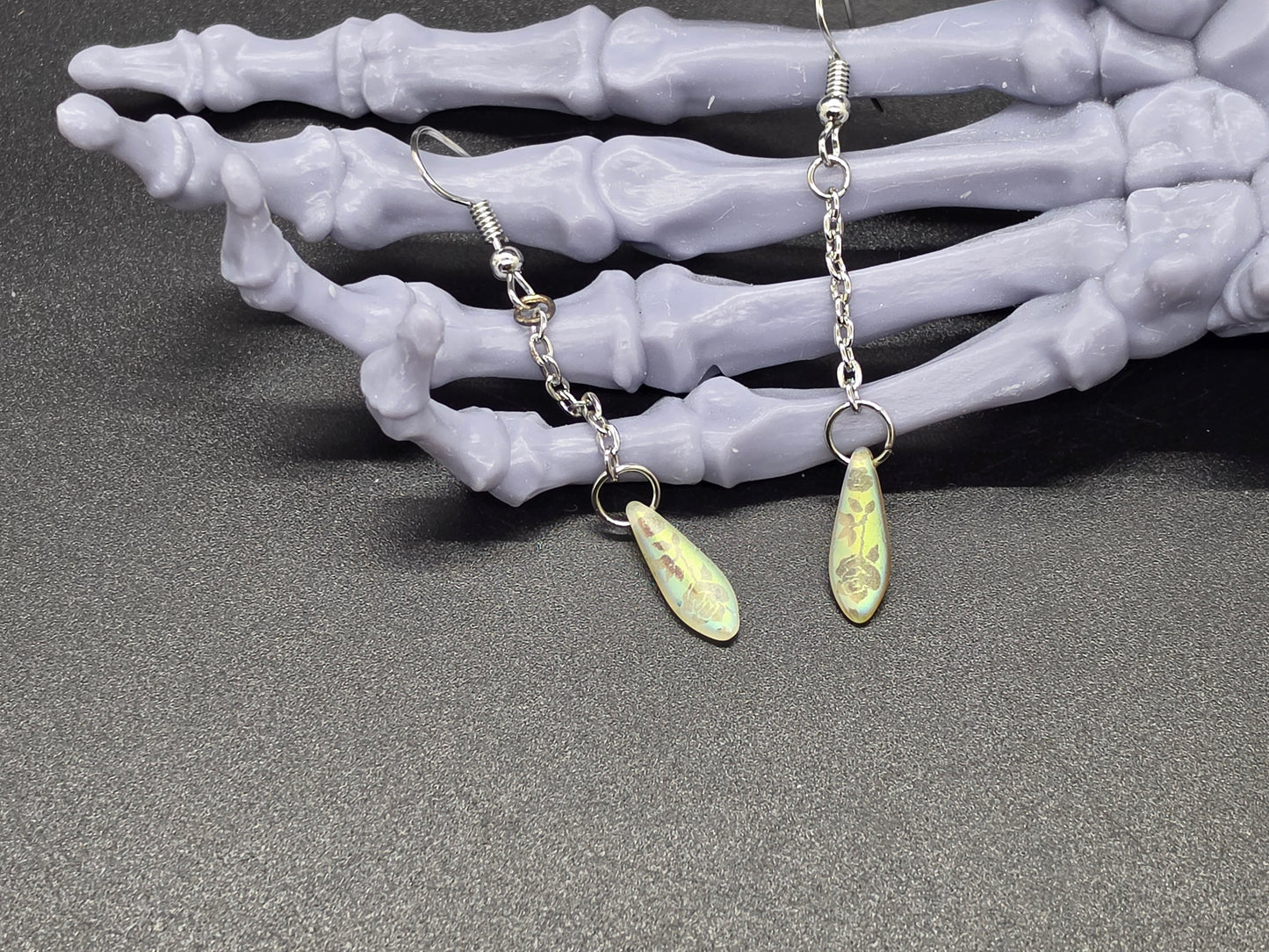 Dainty Uranium Glass Drop Earrings Chain Etched Roses Drop 8