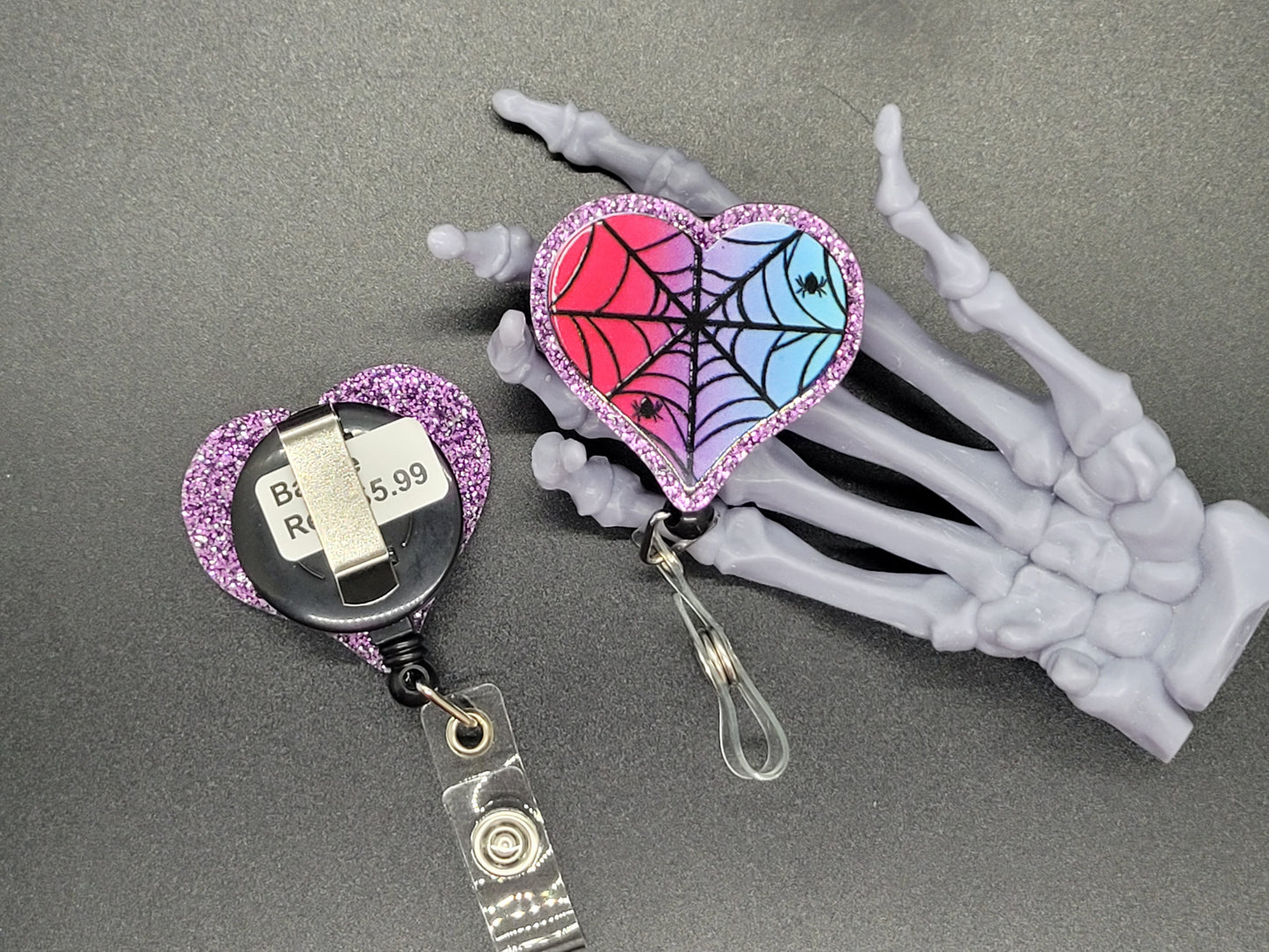 Purple Glitter Acrylic Badge Reel Spider Web Heart