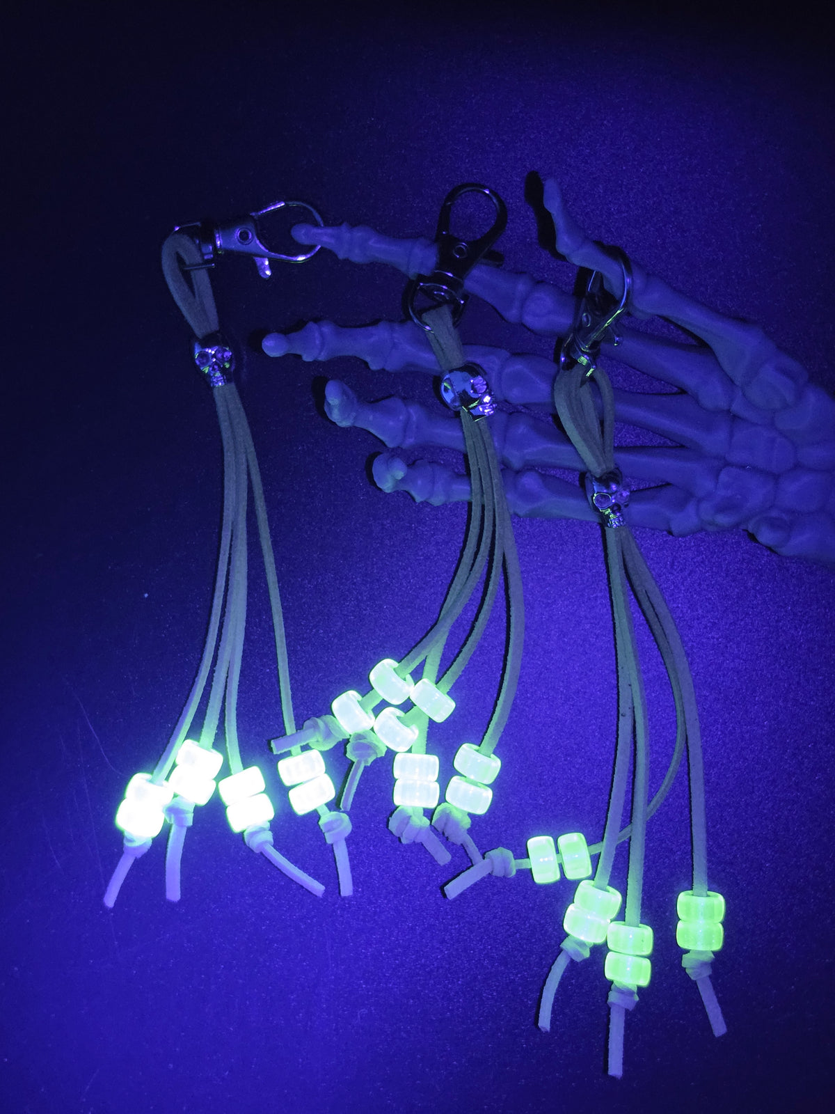 Uranium Glass Beaded Keychain Green Faux Leather