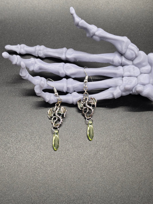 Uranium Glass Drop Dragon Earrings Vaseline Small Drop 1