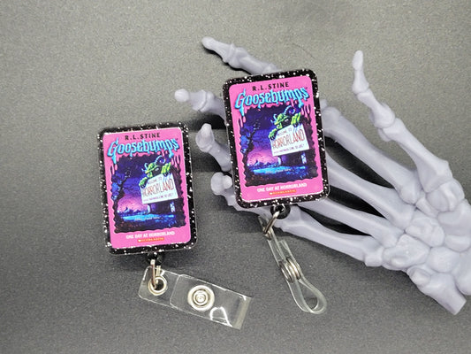 Black Goosebumps Book Glitter Acrylic Badge Reel