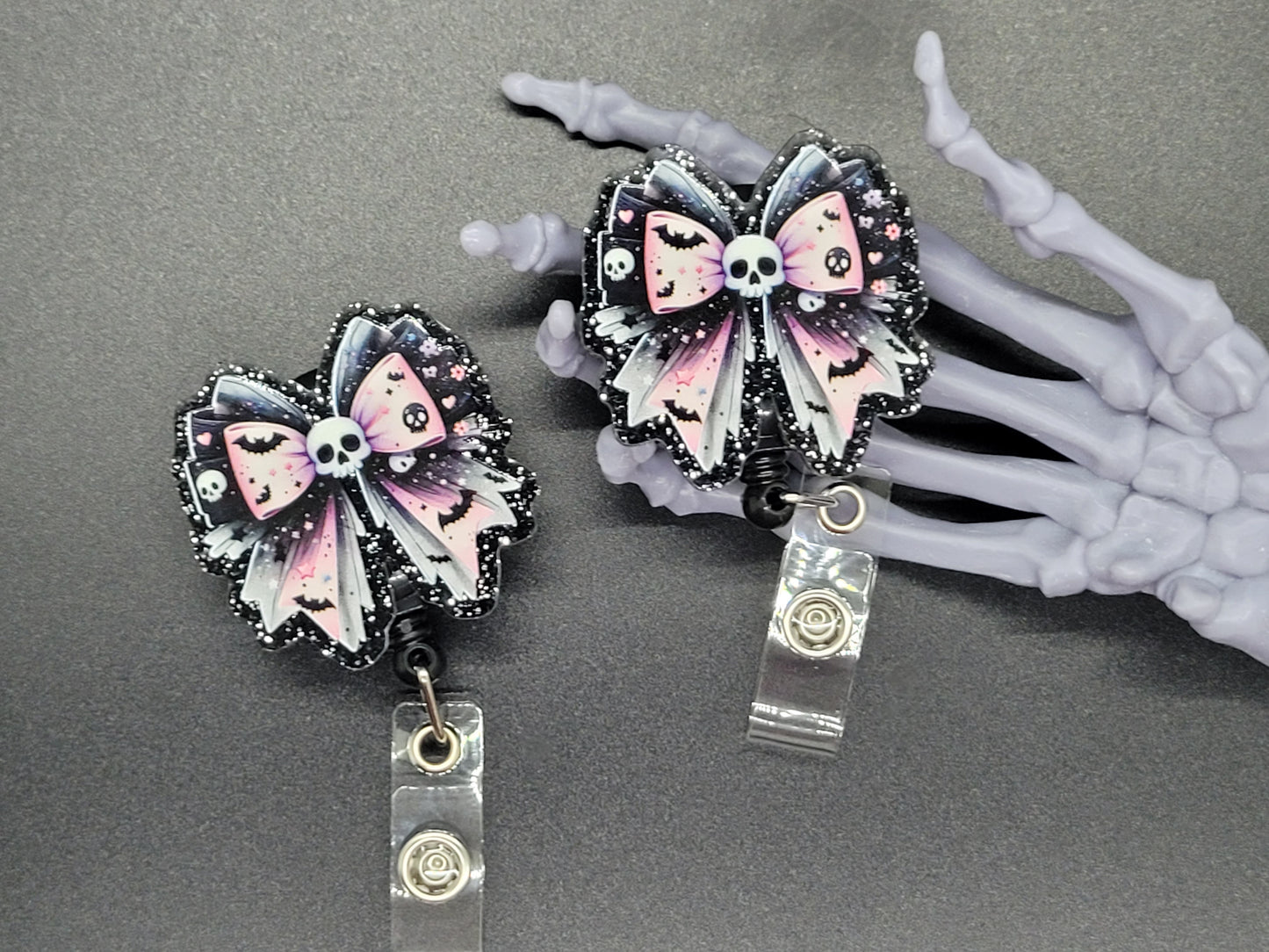 Black and Pink Glitter Acrylic Badge Reel Bow