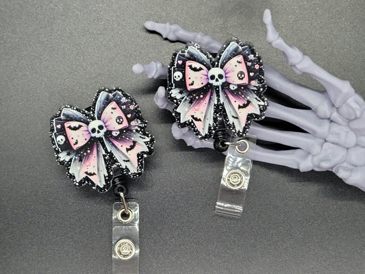 Black and Pink Glitter Acrylic Badge Reel Bow