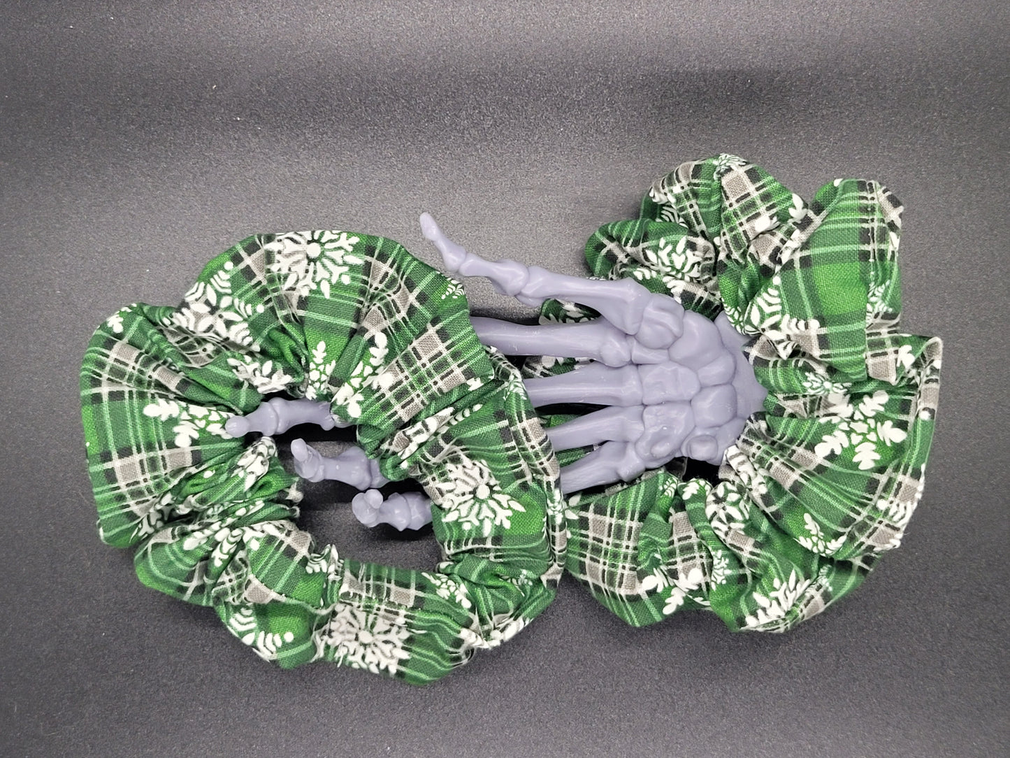 Green Snowflake Plaid Christmas Themed 100% Cotton and Elastic Hair Tie Scrunchie