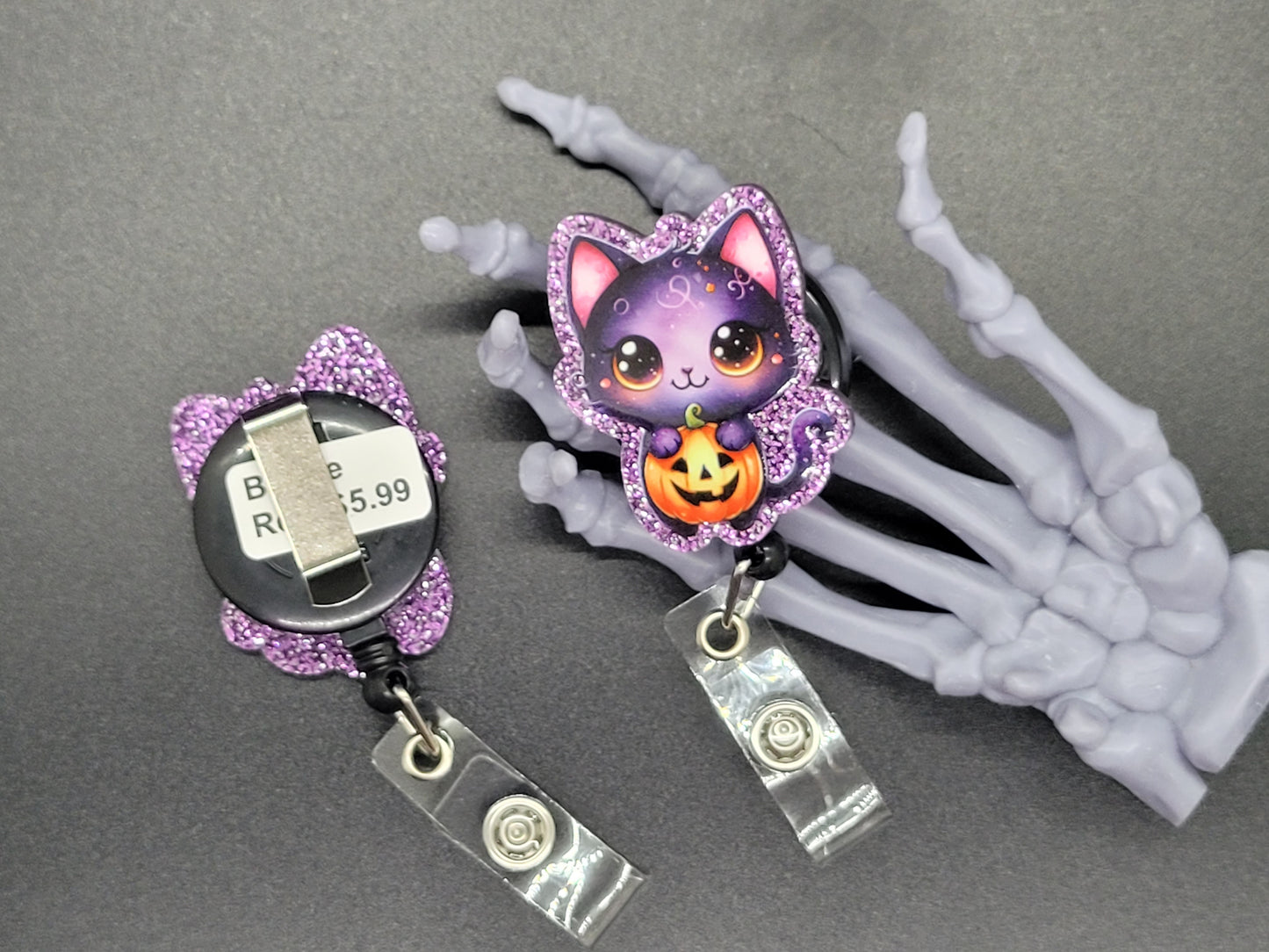 Purple Glitter Acrylic Badge Reel Pumpkin Cat
