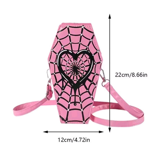 Small Gothic Coffin Faux Leather Purse Pink Webs