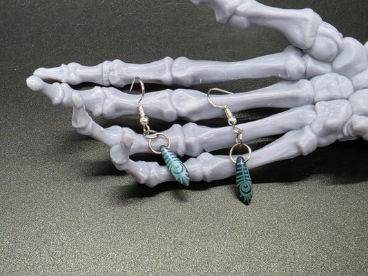 Dainty Uranium Glass Drop Earrings Etched Dark Peacock Feather Drop 10