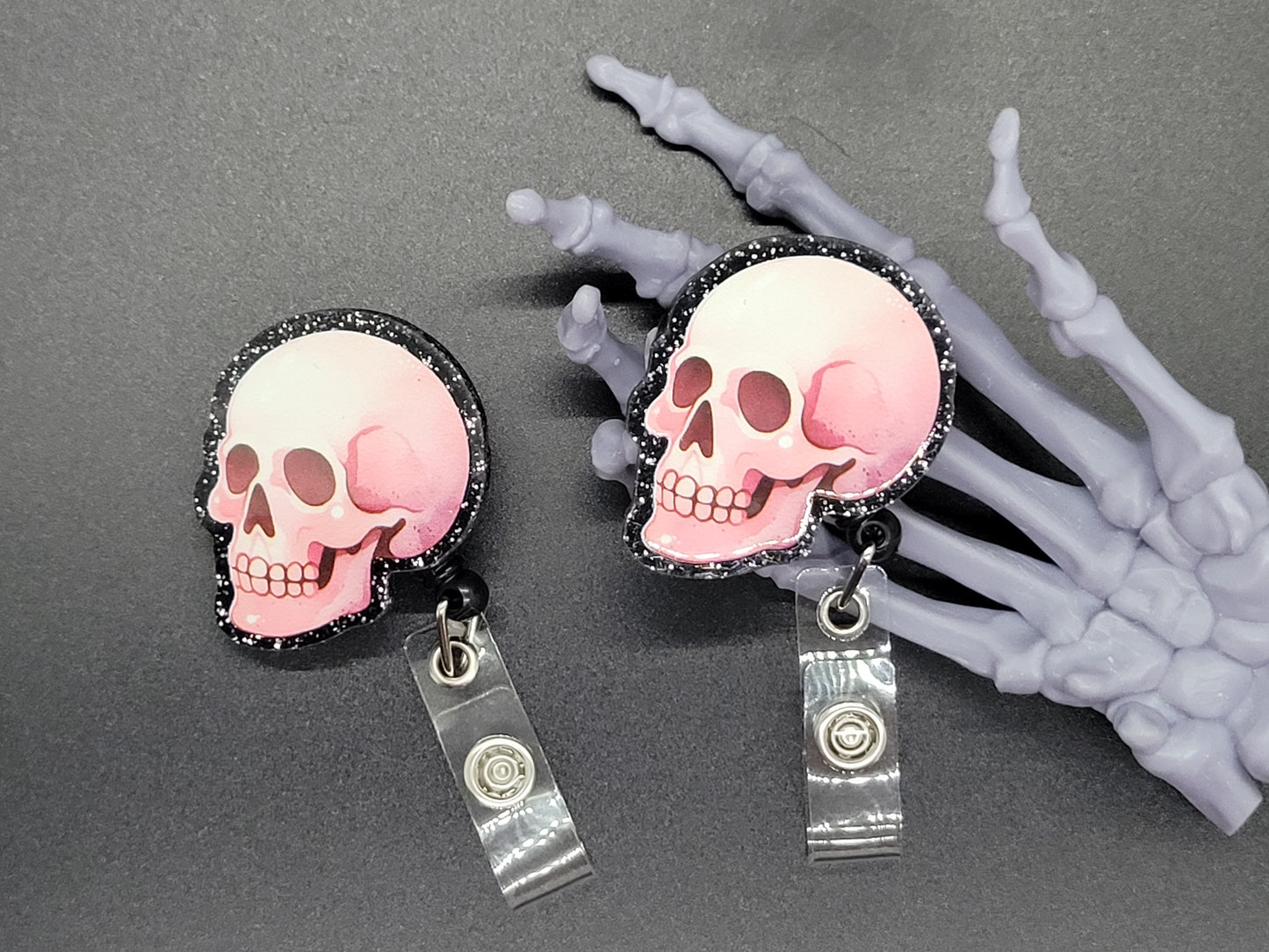 Black and Pink Glitter Acrylic Badge Reel Skull