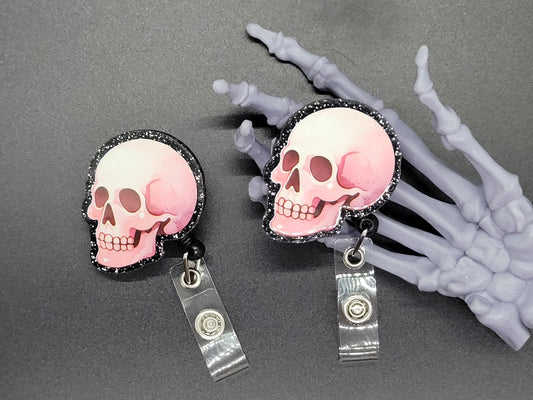 Black and Pink Glitter Acrylic Badge Reel Skull