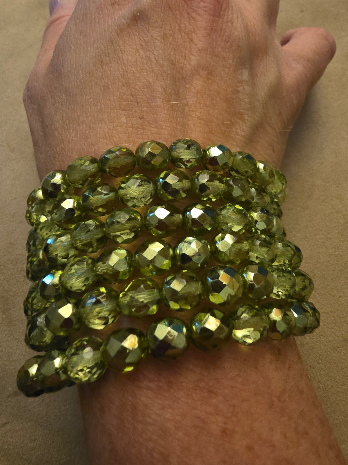 Vintage Czech Glass Stretch Bracelet 8mm Avacado Vitrial