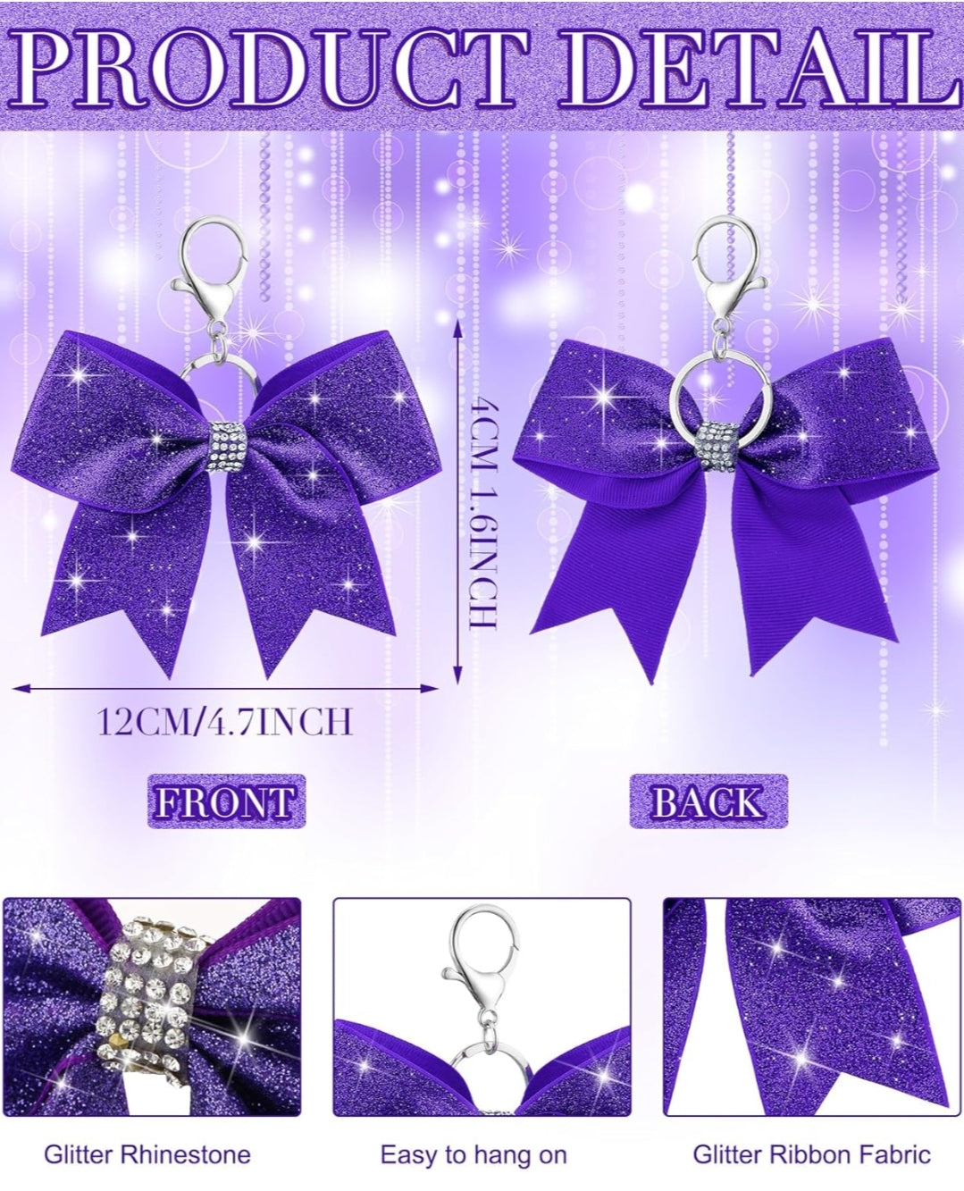 Purse Charm Purple Glitter Cheer Bow Style Rhinestone Clip