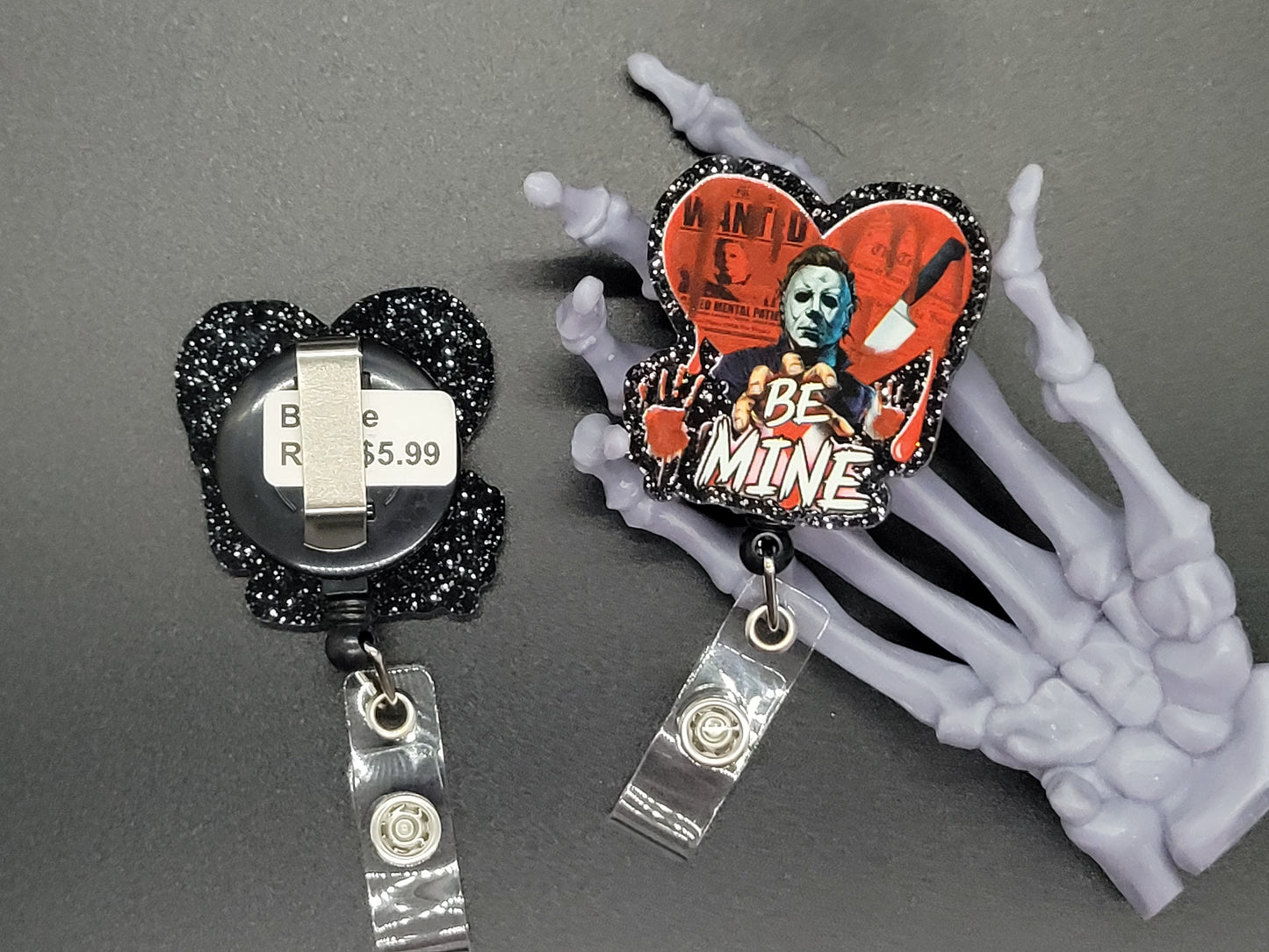 Black Horror Heart Glitter Acrylic Badge Reel