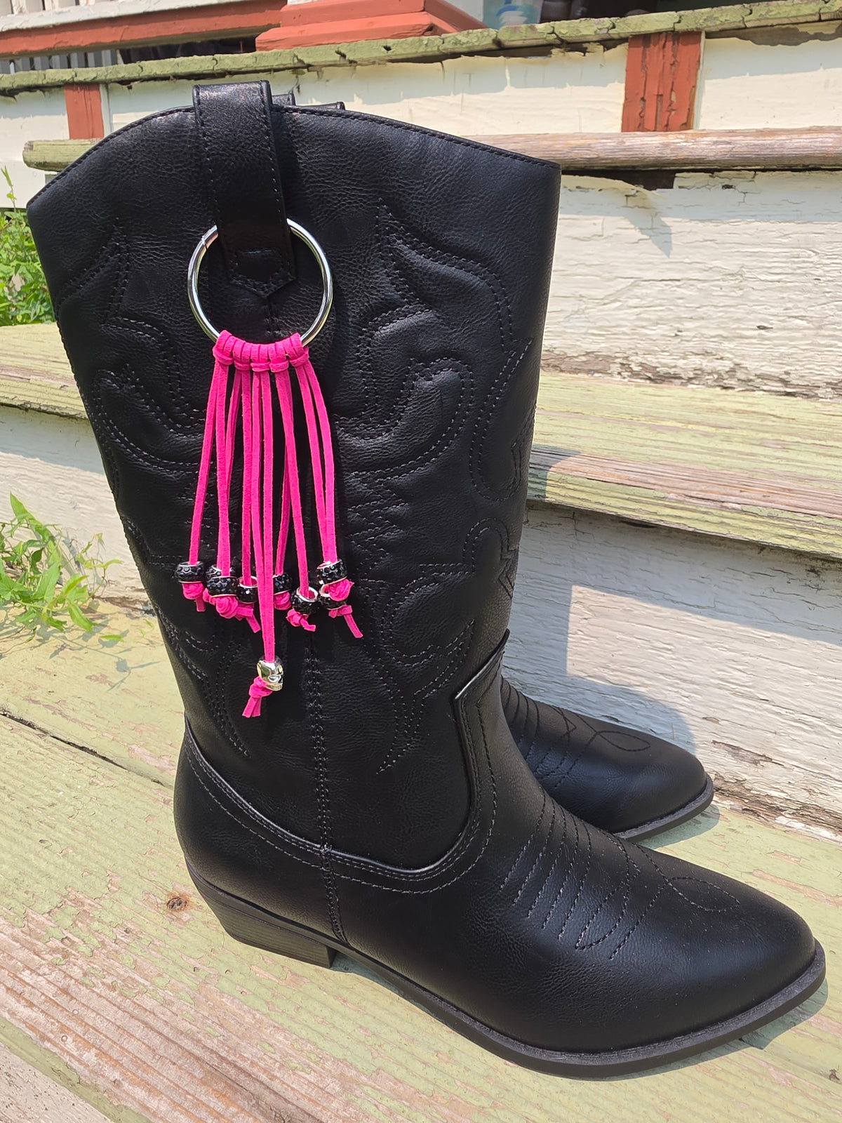 Hot Pink Western Gothic Boot Skull Fringe Bag Charm Key Chain Clips