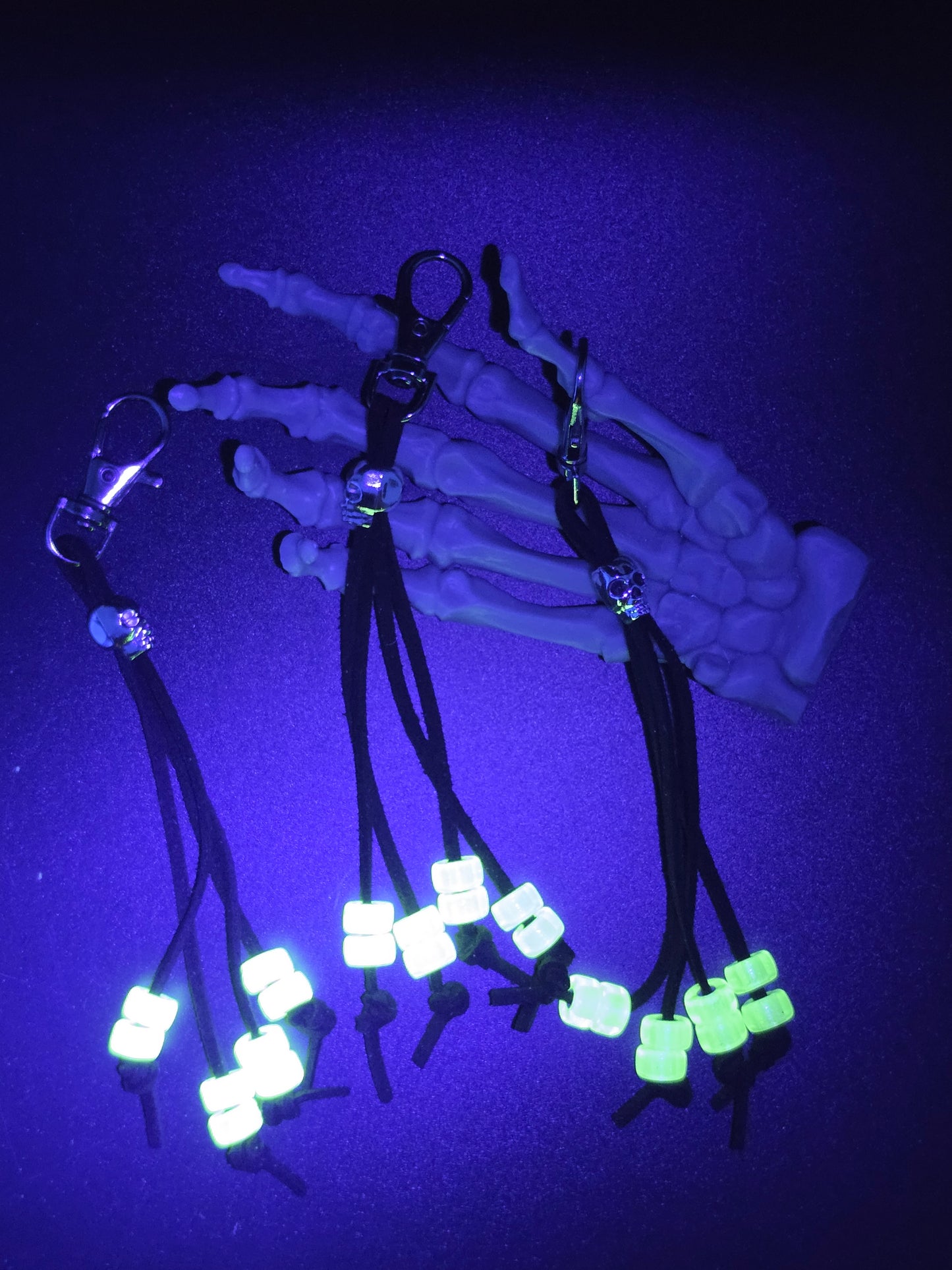 Uranium Glass Beaded Keychain Black Faux Leather