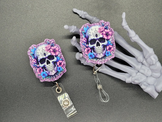Purple Glitter Acrylic Badge Reel Skull Flowers