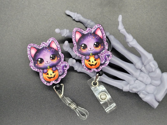 Purple Glitter Acrylic Badge Reel Pumpkin Cat