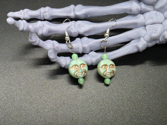 Uranium Glass Dangle Earrings Moon Face