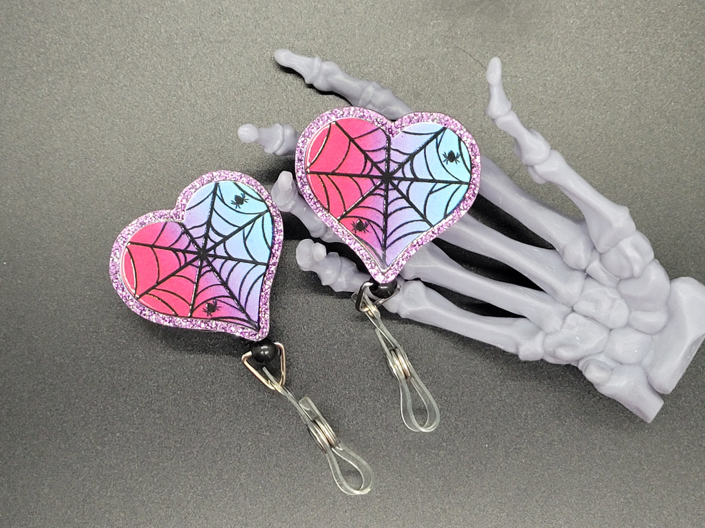 Purple Glitter Acrylic Badge Reel Spider Web Heart