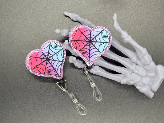 Purple Glitter Acrylic Badge Reel Spider Web Heart