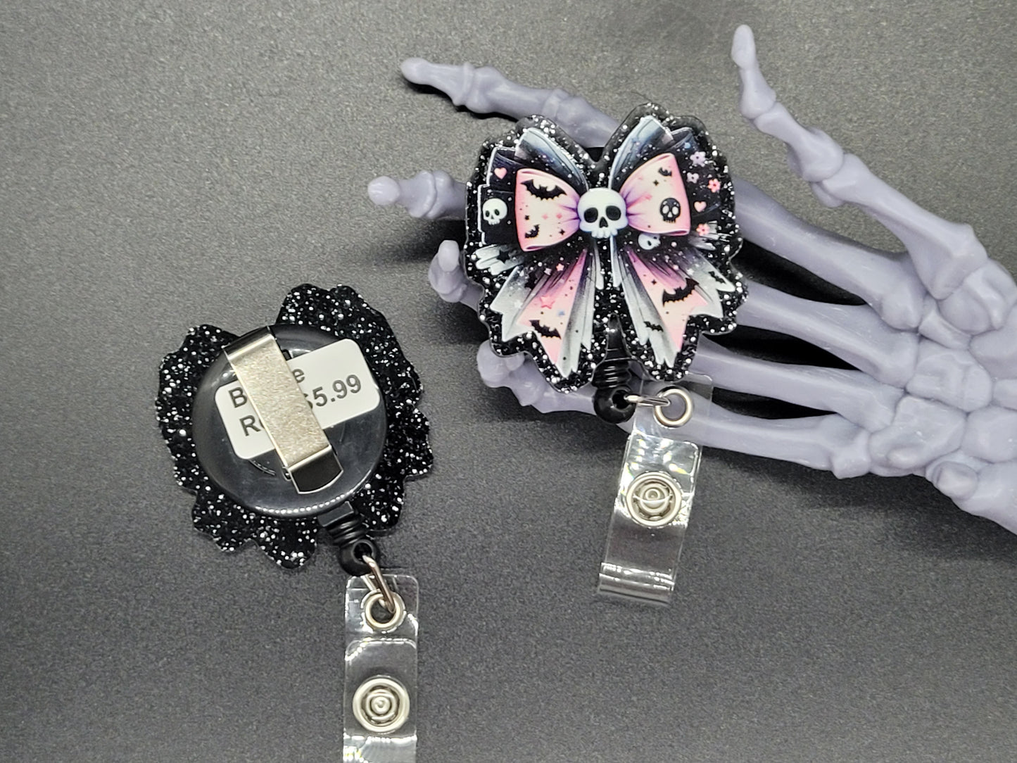 Black and Pink Glitter Acrylic Badge Reel Bow