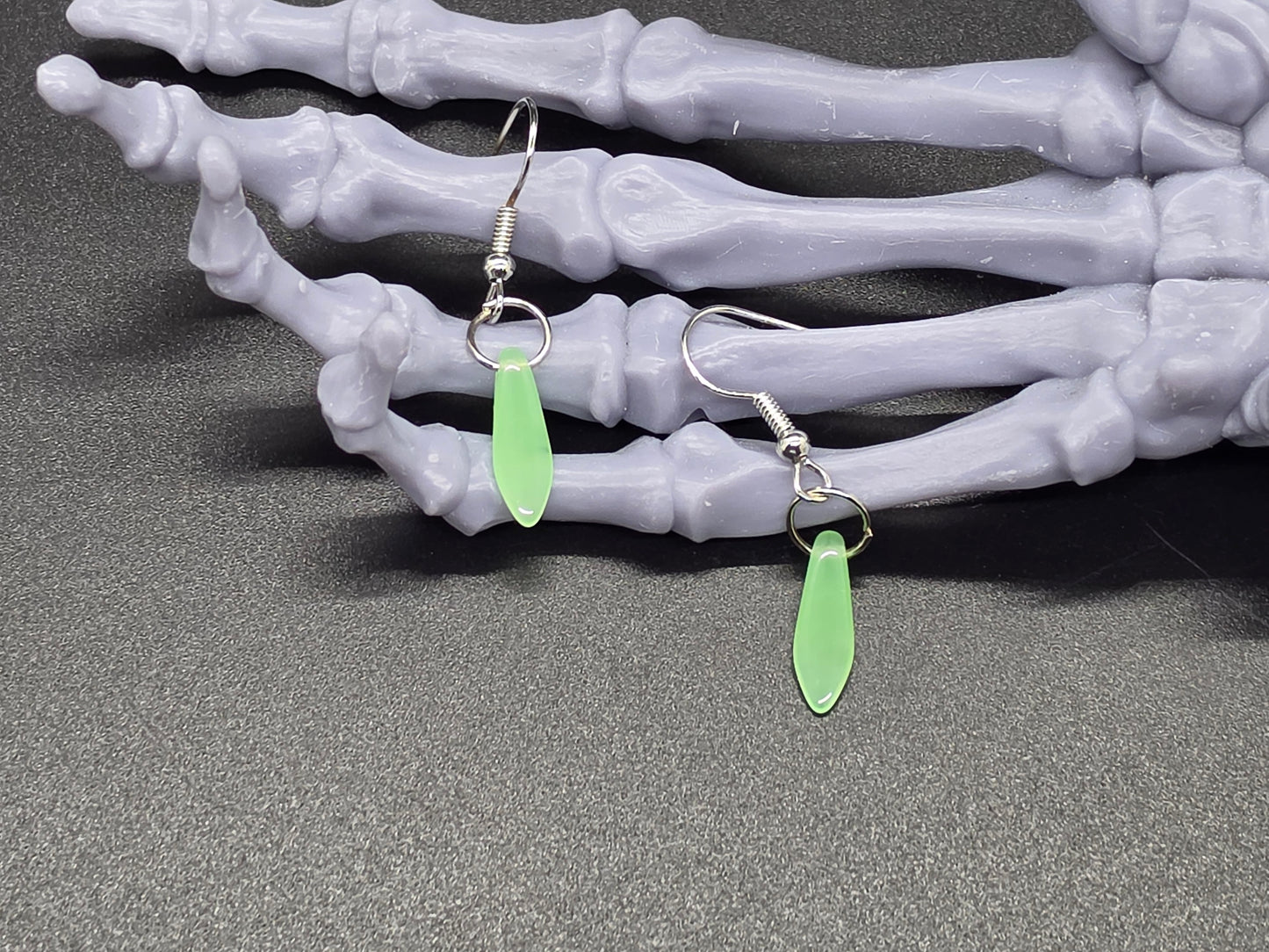 Dainty Uranium Glass Drop Earrings Green Opal Drop 4