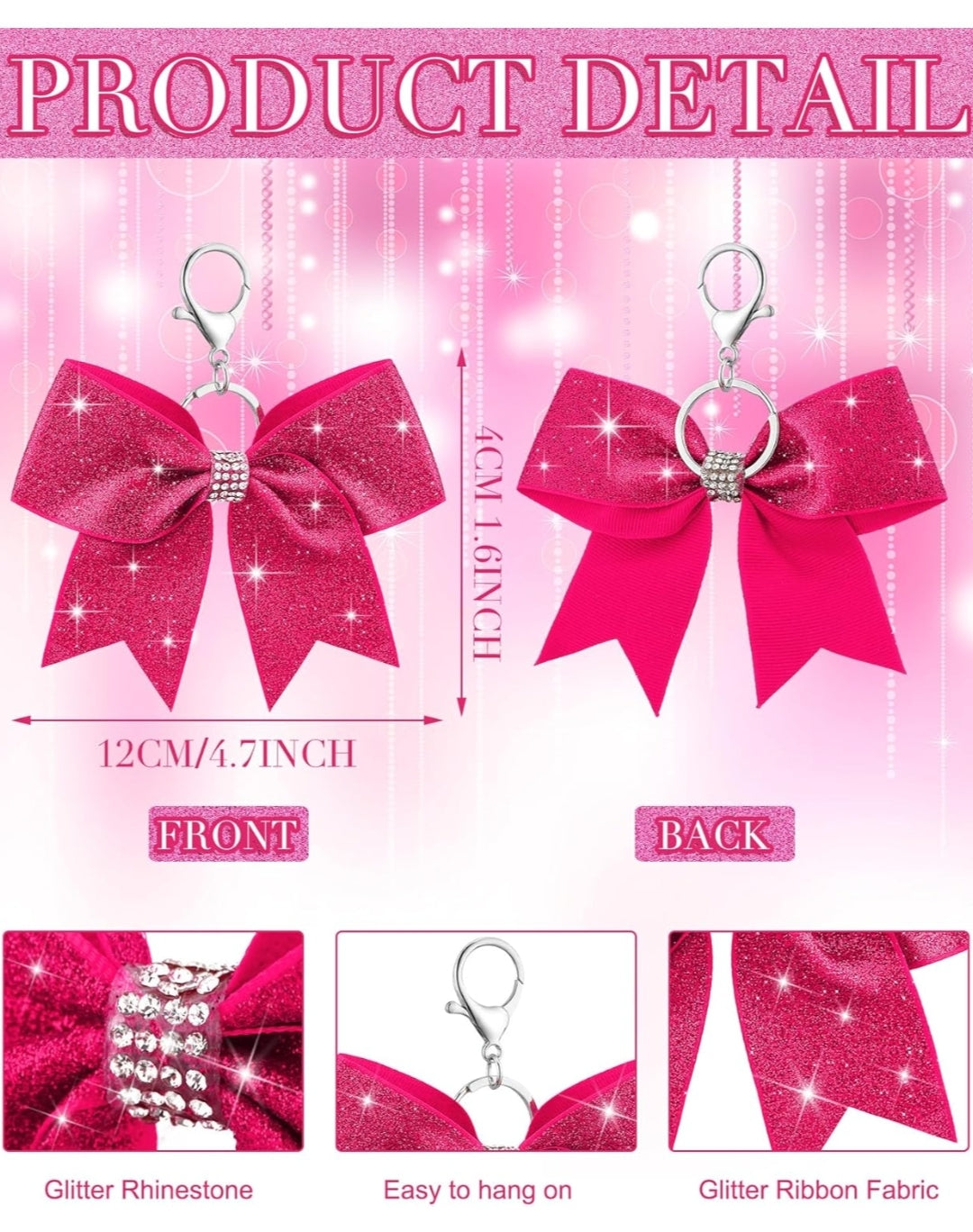Purse Charm Pink Glitter Cheer Bow Style Rhinestone Clip