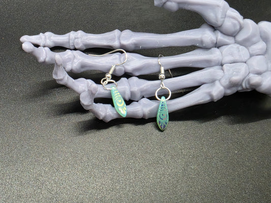 Dainty Uranium Glass Drop Earrings Etched Light Peacock Feather Drop 11