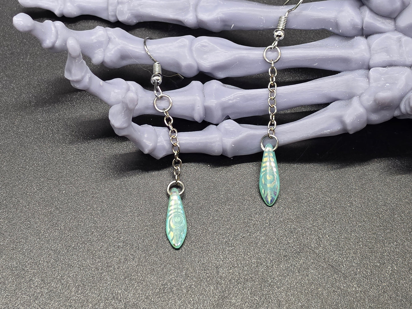 Dainty Uranium Glass Drop Earrings Chain Etched Light Peacock Feather Drop 11