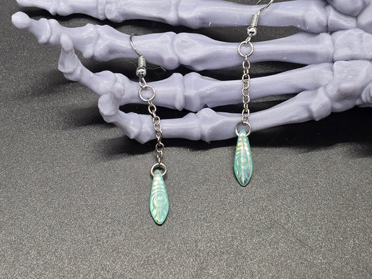 Dainty Uranium Glass Drop Earrings Chain Etched Light Peacock Feather Drop 11