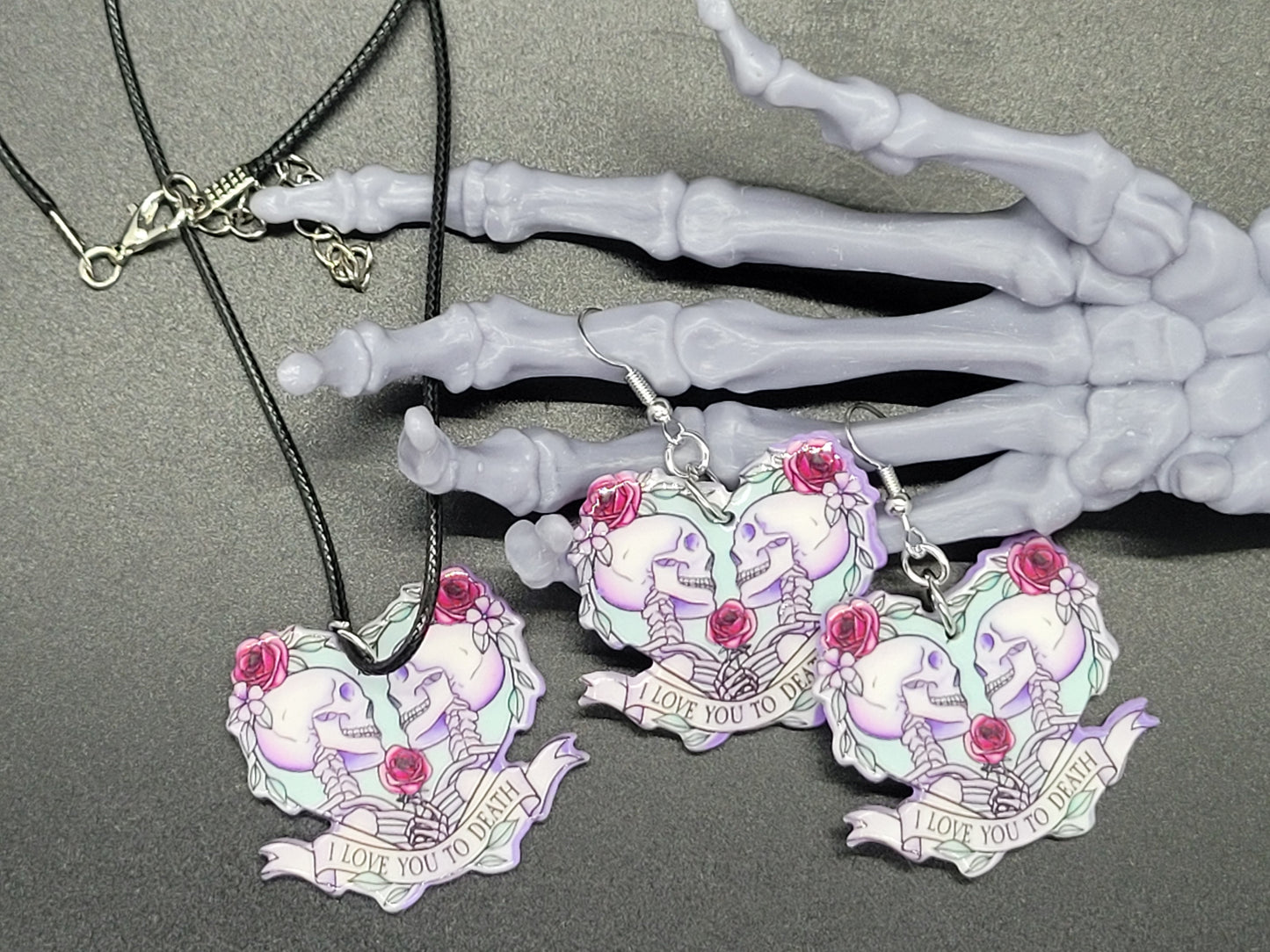 Skeleton Love Heart Valentine Resin Earrings Necklace Valloween