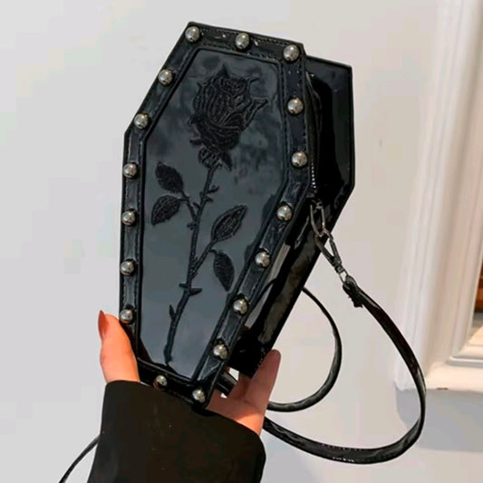 Small Gothic Coffin Faux Leather Purse Black Rose