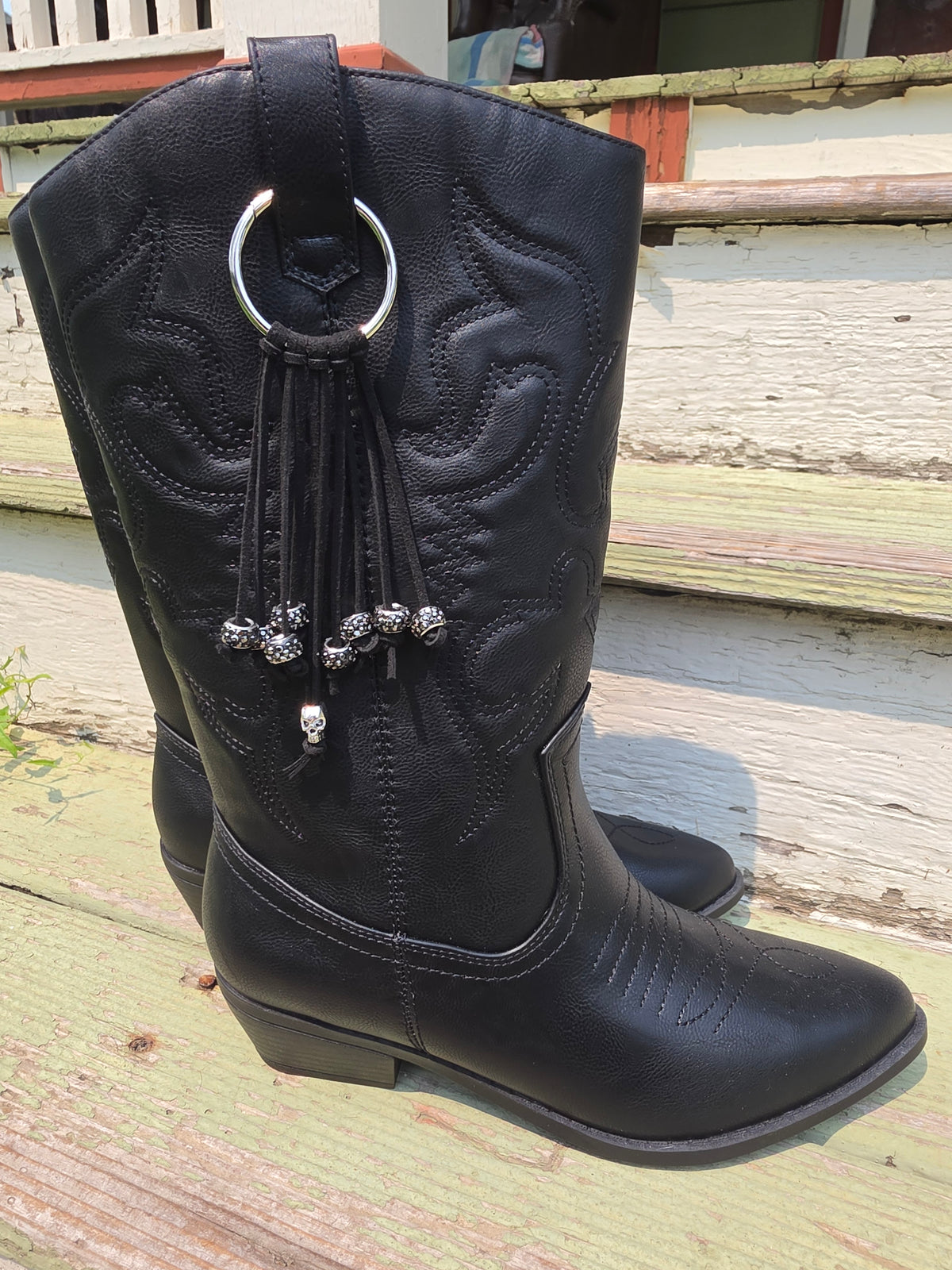 Black Western Gothic Boot Skull Fringe Bag Charm Key Chain Clips