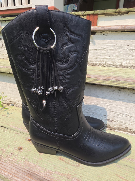 Black Western Gothic Boot Skull Fringe Bag Charm Key Chain Clips