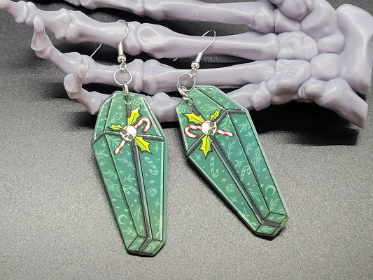 Green Christmas Coffin Acrylic Earrings