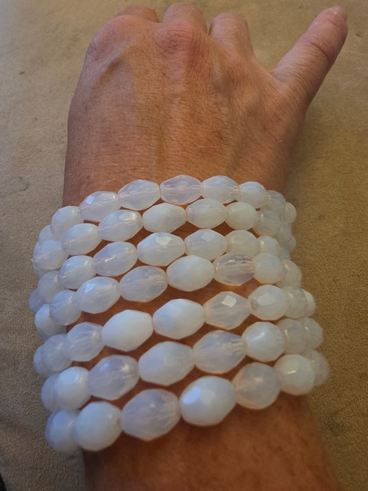 Vintage Czech Glass Stretch Bracelet 8mm Oval Opal