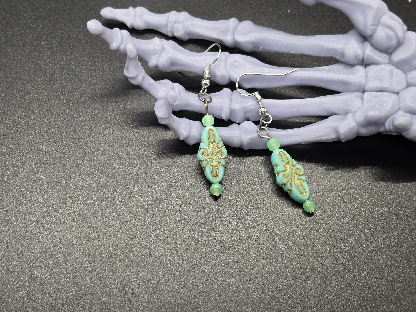 Uranium Glass Dangle Earrings Arabesque