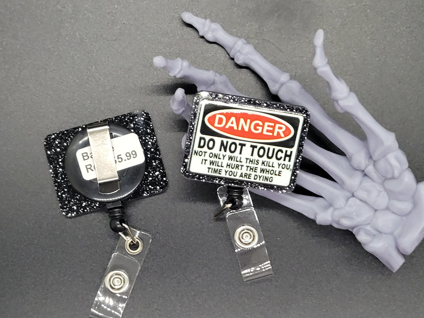 Black Warning Glitter Acrylic Badge Reel