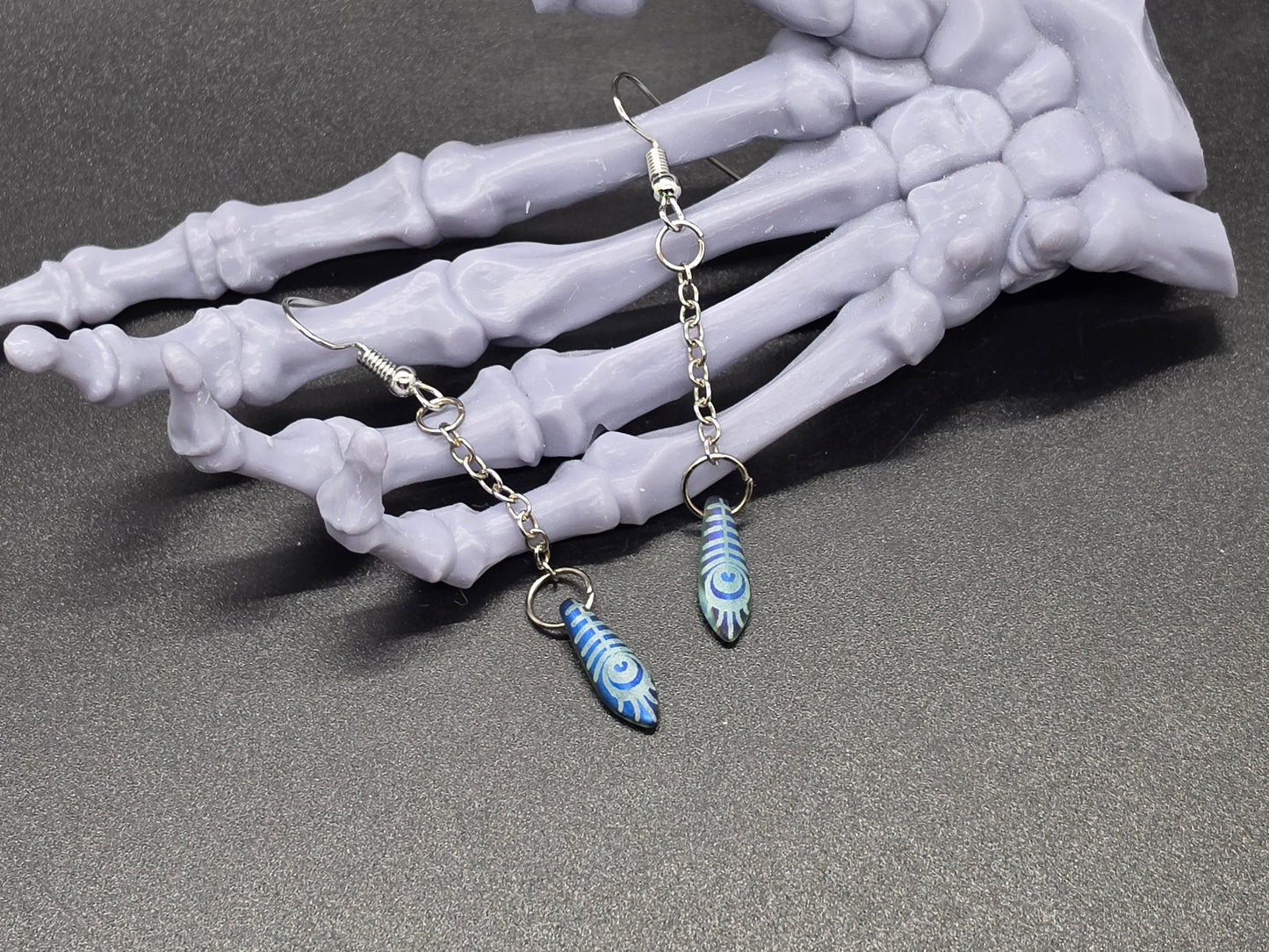 Dainty Uranium Glass Drop Earrings Chain Etched Peacock Feather Drop 10