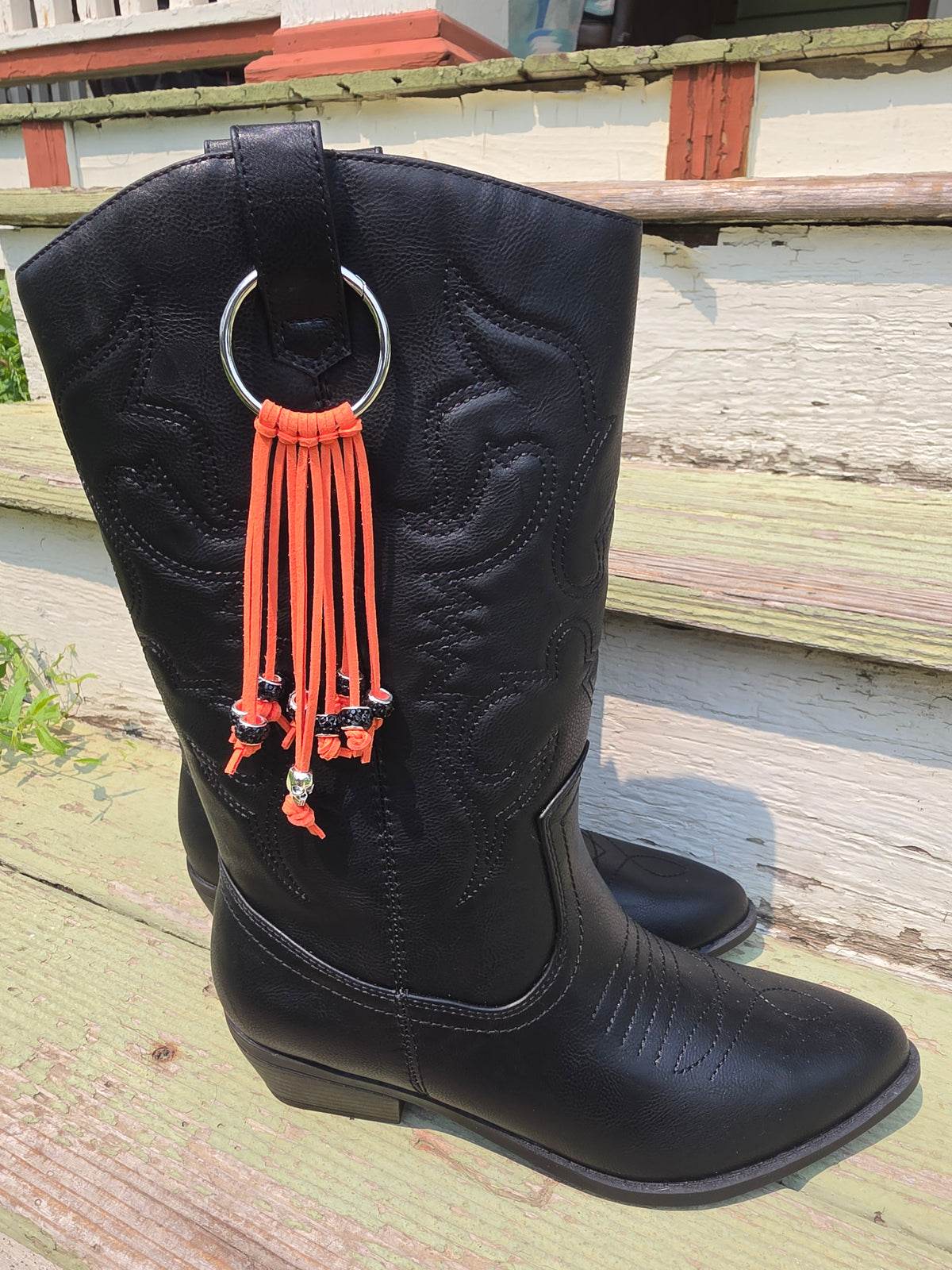 Orange Western Gothic Boot Skull Fringe Bag Charm Key Chain Clips